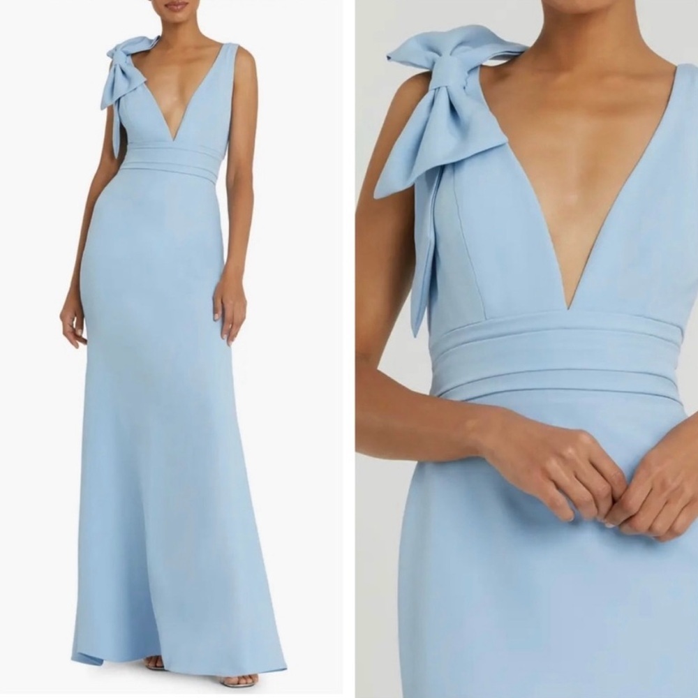 Mac Duggal 49454Blue Bow V Neck Mermaid Formal Evening Prom Gown Size 8 - Picture 1 of 10
